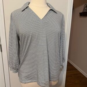 Cato Black and White Striped Collared V-Neck Top